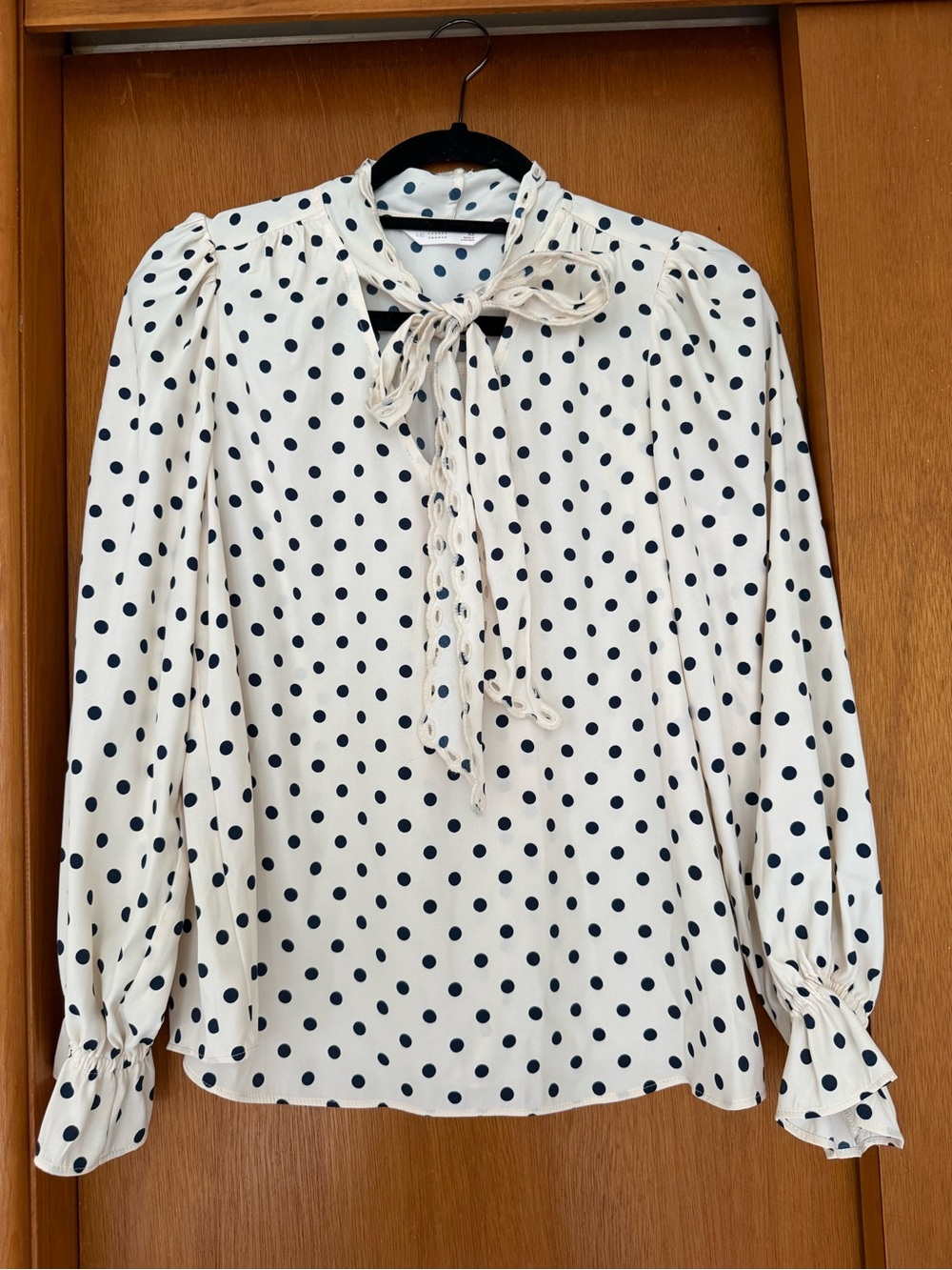 LC Lauren Conrad Cream Blouse with Black Polka Dots and Tie Neck